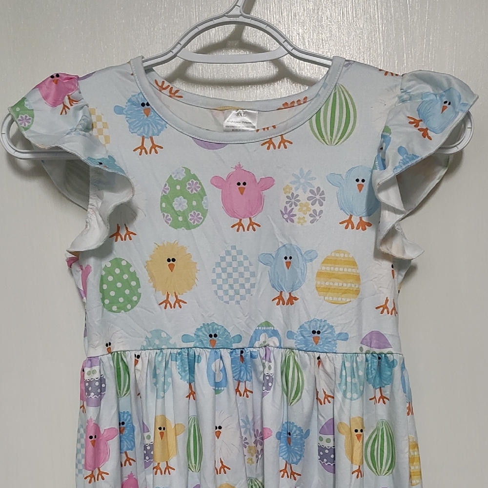 Girls' White Pastel Chick & Egg Flutter Sleeve Dress